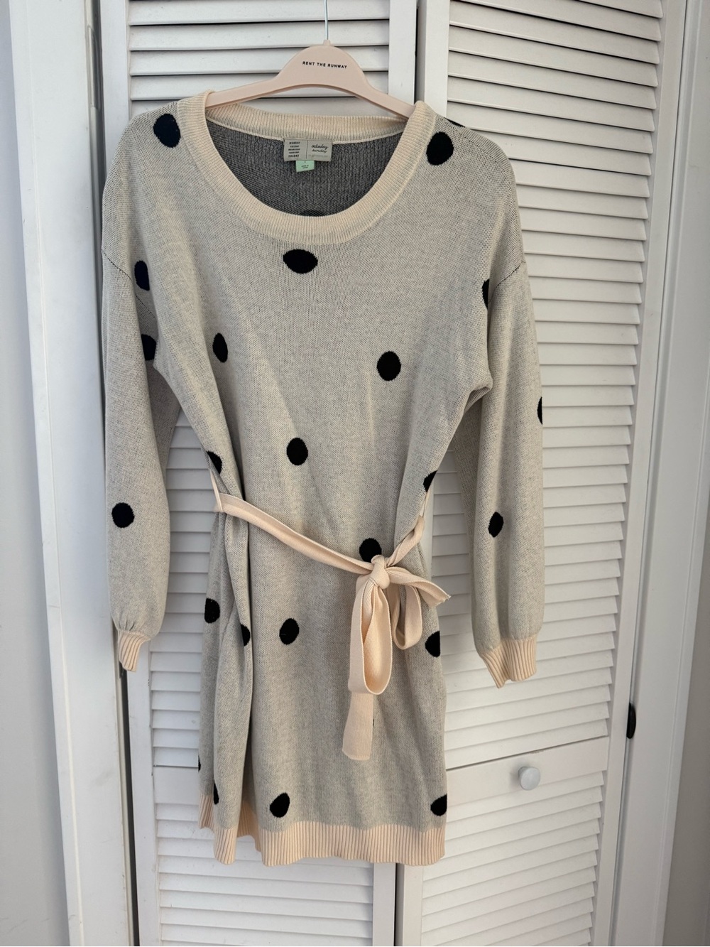 Polka Dot Mini Sweater Dress with Tie Belt - Cream/Black